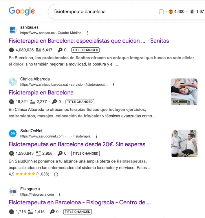 Resultados orgánicos de Google para "fisioterapeuta barcelona" mostrando las primeras posiciones