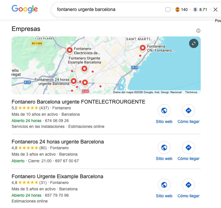 Resultados del Local Pack de Google para "fontanero urgente barcelona"